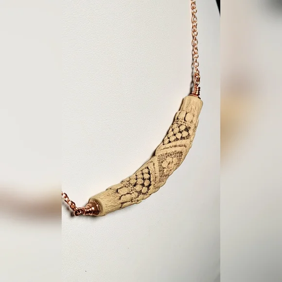 Vintage Embossed Ceramic Bar Necklace Artisan Crafted Jewelry Pure Copper Chain - Picture 10 of 16
